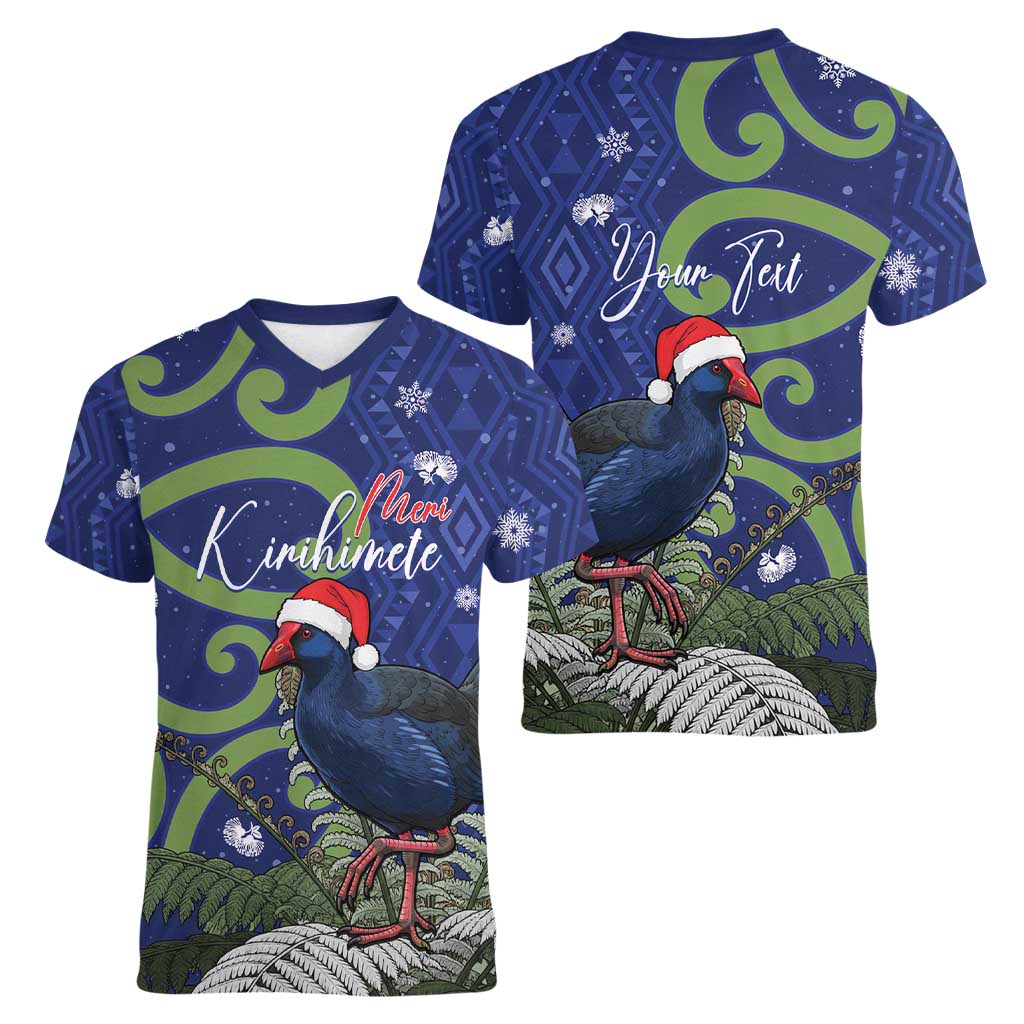 Personalized New Zealand Pukeko Christmas Women V-Neck T-Shirt Meri Kirihimete Taniko Ponga Koru Blue LT14 - Polynesian Pride
