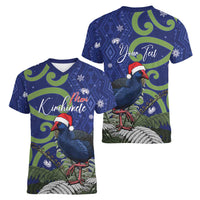 Personalized New Zealand Pukeko Christmas Women V-Neck T-Shirt Meri Kirihimete Taniko Ponga Koru Blue LT14 - Polynesian Pride