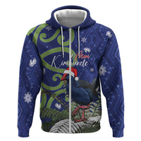 Personalized New Zealand Pukeko Christmas Zip Hoodie Meri Kirihimete Taniko Ponga Koru Blue LT14 Zip Hoodie Blue - Polynesian Pride