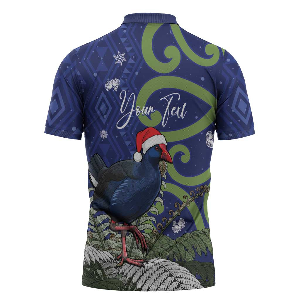 Personalized New Zealand Pukeko Christmas Zipper Polo Shirt Meri Kirihimete Taniko Ponga Koru Blue LT14 - Polynesian Pride