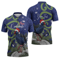 Personalized New Zealand Pukeko Christmas Zipper Polo Shirt Meri Kirihimete Taniko Ponga Koru Blue LT14 - Polynesian Pride