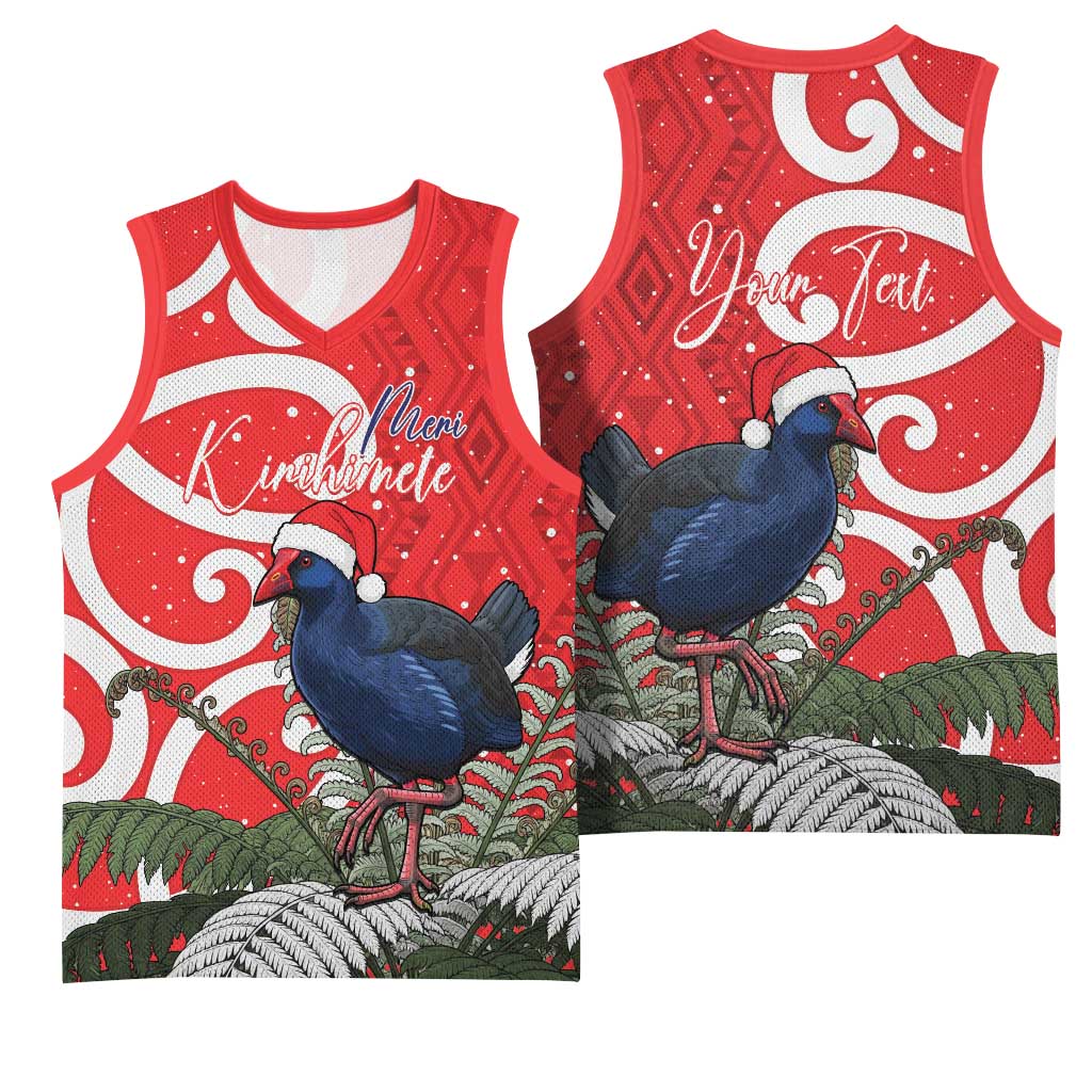 Personalized New Zealand Pukeko Christmas Basketball Jersey Meri Kirihimete Taniko Ponga Koru Red LT14 - Polynesian Pride
