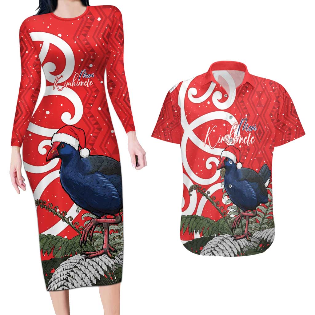 Personalized New Zealand Pukeko Christmas Couples Matching Long Sleeve Bodycon Dress and Hawaiian Shirt Meri Kirihimete Taniko Ponga Koru Red LT14 Red - Polynesian Pride