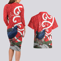 Personalized New Zealand Pukeko Christmas Couples Matching Long Sleeve Bodycon Dress and Hawaiian Shirt Meri Kirihimete Taniko Ponga Koru Red LT14 - Polynesian Pride