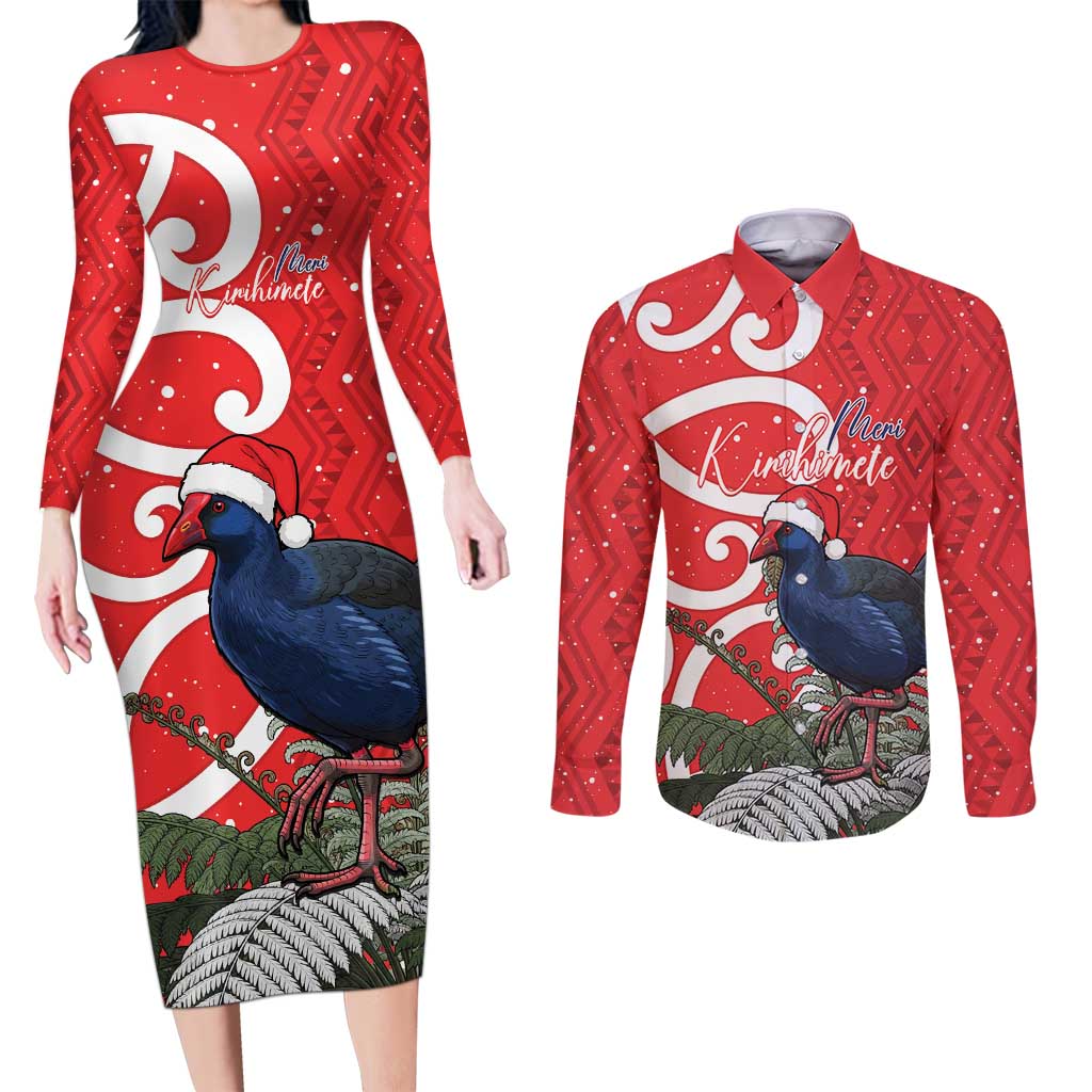 Personalized New Zealand Pukeko Christmas Couples Matching Long Sleeve Bodycon Dress and Long Sleeve Button Shirt Meri Kirihimete Taniko Ponga Koru Red LT14 Red - Polynesian Pride