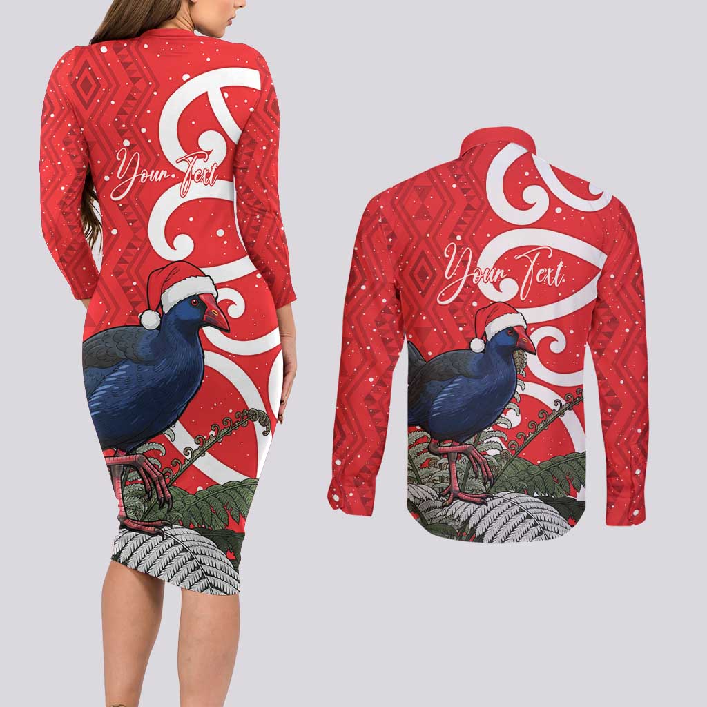 Personalized New Zealand Pukeko Christmas Couples Matching Long Sleeve Bodycon Dress and Long Sleeve Button Shirt Meri Kirihimete Taniko Ponga Koru Red LT14 - Polynesian Pride