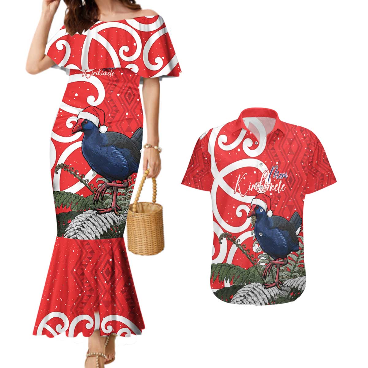 Personalized New Zealand Pukeko Christmas Couples Matching Mermaid Dress and Hawaiian Shirt Meri Kirihimete Taniko Ponga Koru Red LT14 Red - Polynesian Pride