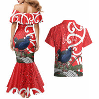 Personalized New Zealand Pukeko Christmas Couples Matching Mermaid Dress and Hawaiian Shirt Meri Kirihimete Taniko Ponga Koru Red LT14 - Polynesian Pride