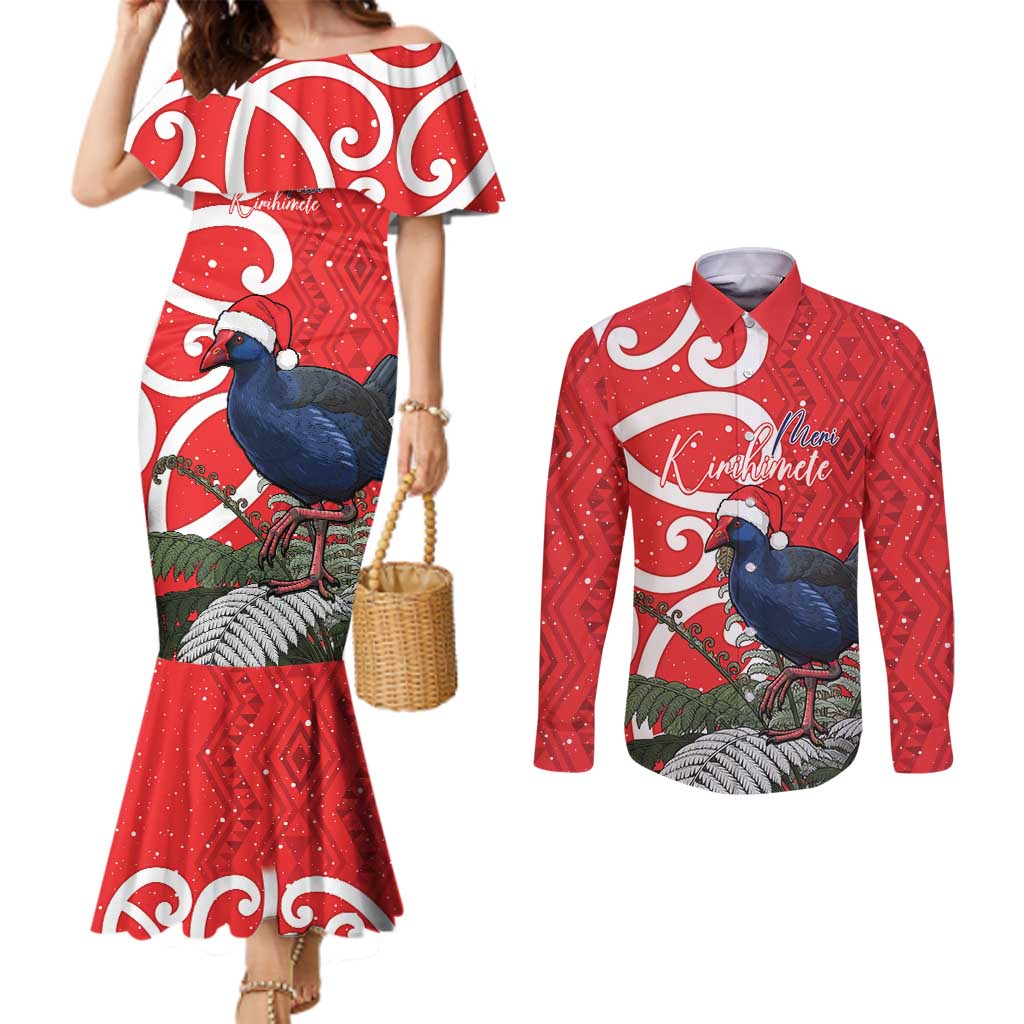 Personalized New Zealand Pukeko Christmas Couples Matching Mermaid Dress and Long Sleeve Button Shirt Meri Kirihimete Taniko Ponga Koru Red LT14 Red - Polynesian Pride