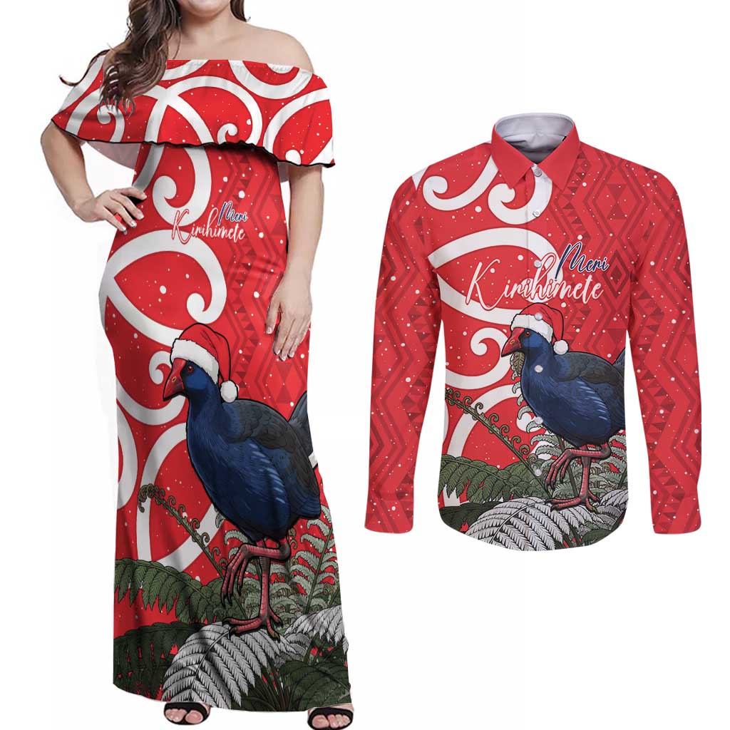 Personalized New Zealand Pukeko Christmas Couples Matching Off Shoulder Maxi Dress and Long Sleeve Button Shirt Meri Kirihimete Taniko Ponga Koru Red LT14 Red - Polynesian Pride