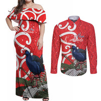 Personalized New Zealand Pukeko Christmas Couples Matching Off Shoulder Maxi Dress and Long Sleeve Button Shirt Meri Kirihimete Taniko Ponga Koru Red LT14 Red - Polynesian Pride