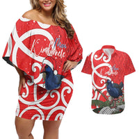 Personalized New Zealand Pukeko Christmas Couples Matching Off Shoulder Short Dress and Hawaiian Shirt Meri Kirihimete Taniko Ponga Koru Red LT14 Red - Polynesian Pride