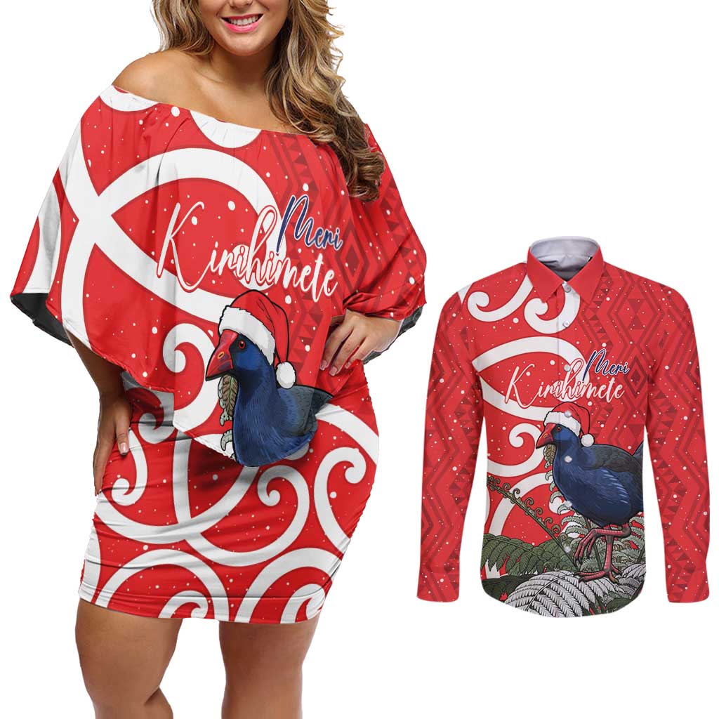 Personalized New Zealand Pukeko Christmas Couples Matching Off Shoulder Short Dress and Long Sleeve Button Shirt Meri Kirihimete Taniko Ponga Koru Red LT14 Red - Polynesian Pride