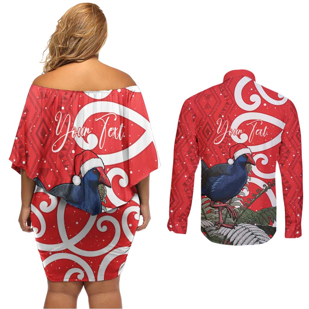 Personalized New Zealand Pukeko Christmas Couples Matching Off Shoulder Short Dress and Long Sleeve Button Shirt Meri Kirihimete Taniko Ponga Koru Red LT14 - Polynesian Pride
