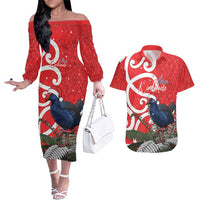 Personalized New Zealand Pukeko Christmas Couples Matching Off The Shoulder Long Sleeve Dress and Hawaiian Shirt Meri Kirihimete Taniko Ponga Koru Red LT14 Red - Polynesian Pride