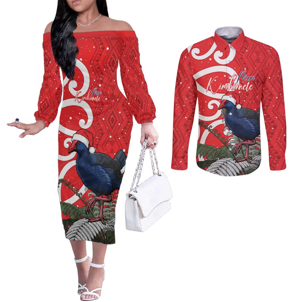 Personalized New Zealand Pukeko Christmas Couples Matching Off The Shoulder Long Sleeve Dress and Long Sleeve Button Shirt Meri Kirihimete Taniko Ponga Koru Red - Polynesian Pride