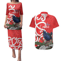 Personalized New Zealand Pukeko Christmas Couples Matching Puletasi and Hawaiian Shirt Meri Kirihimete Taniko Ponga Koru Red LT14 Red - Polynesian Pride