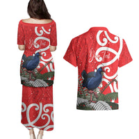 Personalized New Zealand Pukeko Christmas Couples Matching Puletasi and Hawaiian Shirt Meri Kirihimete Taniko Ponga Koru Red LT14 - Polynesian Pride