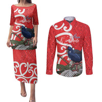 Personalized New Zealand Pukeko Christmas Couples Matching Puletasi and Long Sleeve Button Shirt Meri Kirihimete Taniko Ponga Koru Red LT14 Red - Polynesian Pride