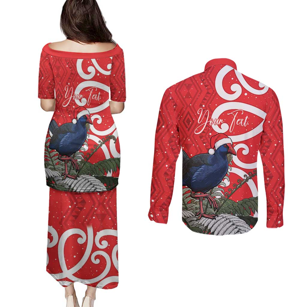 Personalized New Zealand Pukeko Christmas Couples Matching Puletasi and Long Sleeve Button Shirt Meri Kirihimete Taniko Ponga Koru Red LT14 - Polynesian Pride