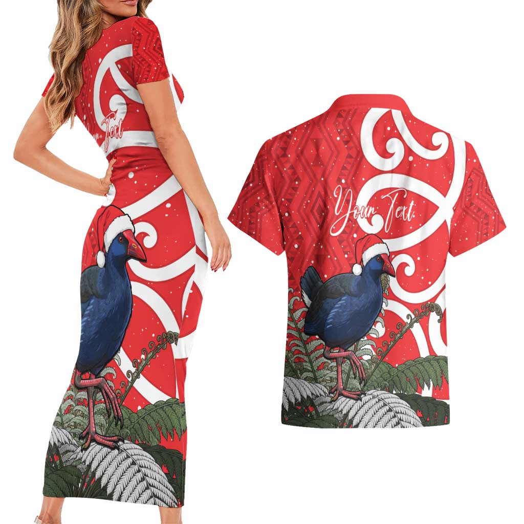 Personalized New Zealand Pukeko Christmas Couples Matching Short Sleeve Bodycon Dress and Hawaiian Shirt Meri Kirihimete Taniko Ponga Koru Red LT14 - Polynesian Pride
