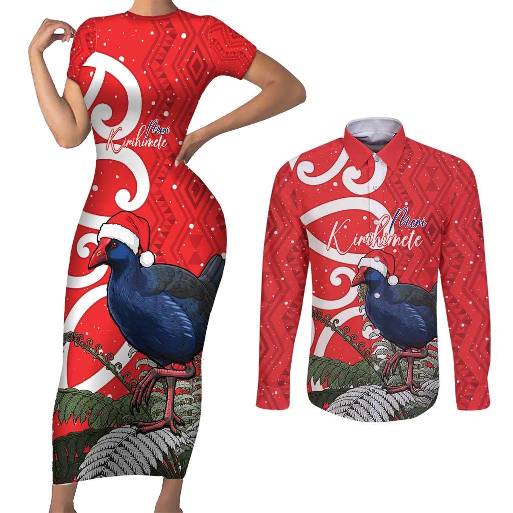 Personalized New Zealand Pukeko Christmas Couples Matching Short Sleeve Bodycon Dress and Long Sleeve Button Shirt Meri Kirihimete Taniko Ponga Koru Red LT14 Red - Polynesian Pride