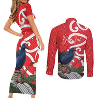 Personalized New Zealand Pukeko Christmas Couples Matching Short Sleeve Bodycon Dress and Long Sleeve Button Shirt Meri Kirihimete Taniko Ponga Koru Red LT14 - Polynesian Pride
