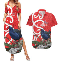 Personalized New Zealand Pukeko Christmas Couples Matching Summer Maxi Dress and Hawaiian Shirt Meri Kirihimete Taniko Ponga Koru Red LT14 Red - Polynesian Pride