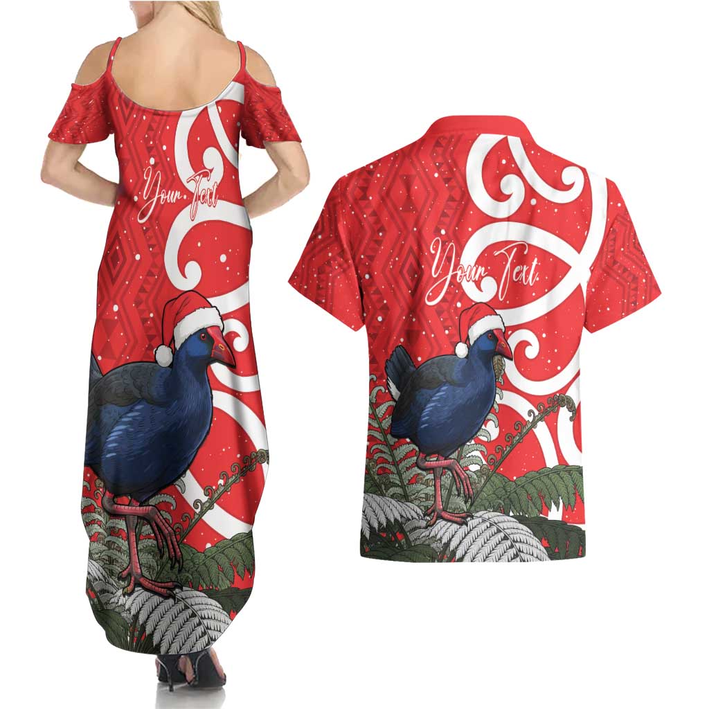 Personalized New Zealand Pukeko Christmas Couples Matching Summer Maxi Dress and Hawaiian Shirt Meri Kirihimete Taniko Ponga Koru Red LT14 - Polynesian Pride