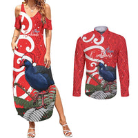 Personalized New Zealand Pukeko Christmas Couples Matching Summer Maxi Dress and Long Sleeve Button Shirt Meri Kirihimete Taniko Ponga Koru Red LT14 Red - Polynesian Pride