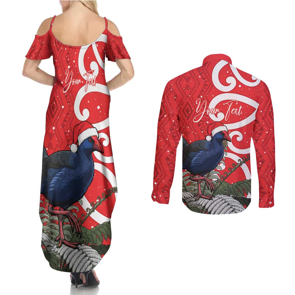 Personalized New Zealand Pukeko Christmas Couples Matching Summer Maxi Dress and Long Sleeve Button Shirt Meri Kirihimete Taniko Ponga Koru Red LT14 - Polynesian Pride
