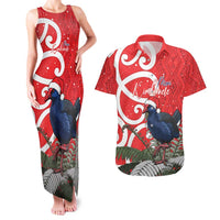 Personalized New Zealand Pukeko Christmas Couples Matching Tank Maxi Dress and Hawaiian Shirt Meri Kirihimete Taniko Ponga Koru Red LT14 Red - Polynesian Pride