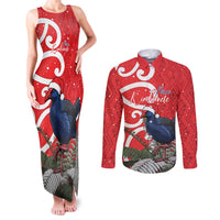 Personalized New Zealand Pukeko Christmas Couples Matching Tank Maxi Dress and Long Sleeve Button Shirt Meri Kirihimete Taniko Ponga Koru Red LT14 Red - Polynesian Pride