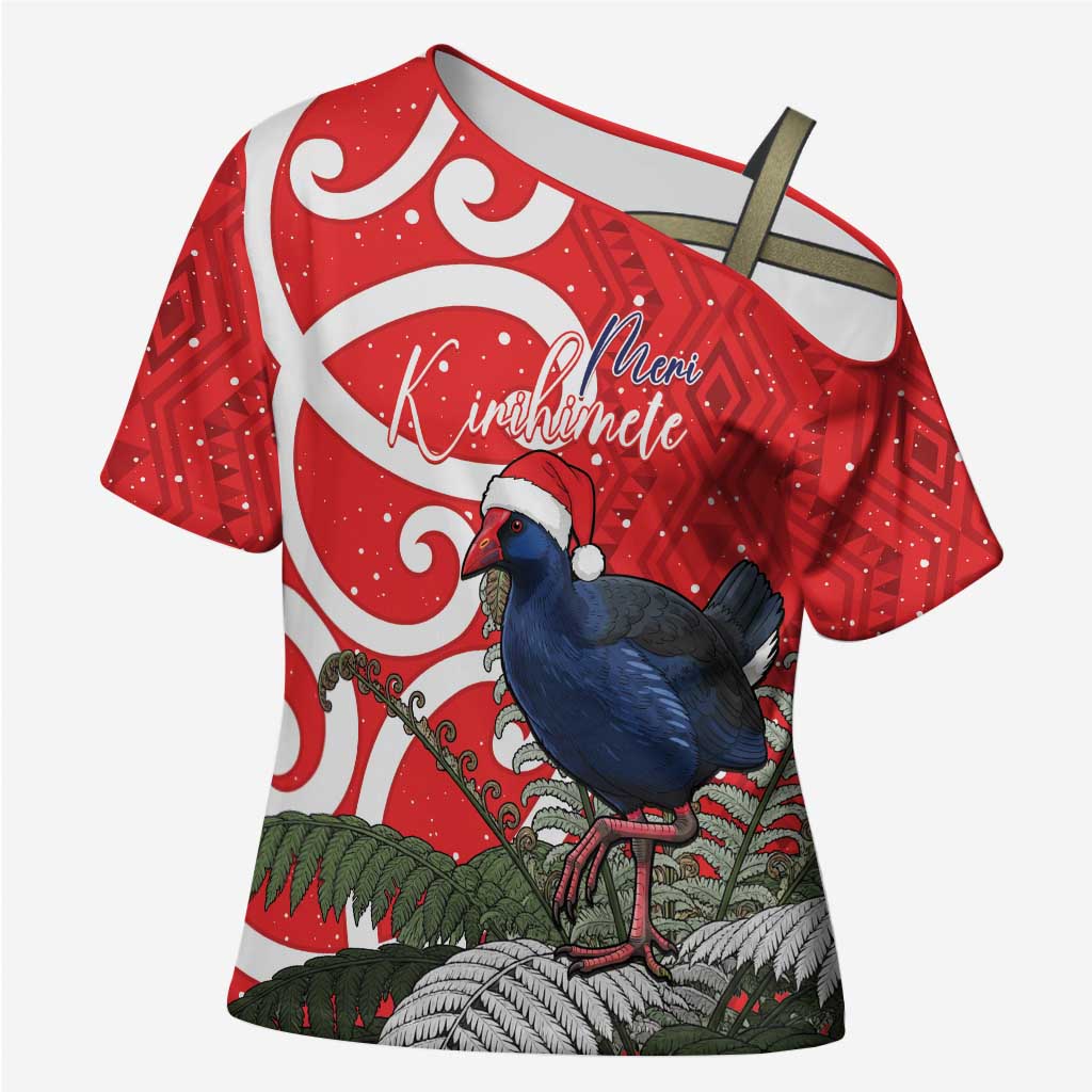 Personalized New Zealand Pukeko Christmas Cross Shoulder Shirt Meri Kirihimete Taniko Ponga Koru Red LT14 Female Red - Polynesian Pride