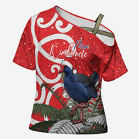 Personalized New Zealand Pukeko Christmas Cross Shoulder Shirt Meri Kirihimete Taniko Ponga Koru Red LT14 Female Red - Polynesian Pride