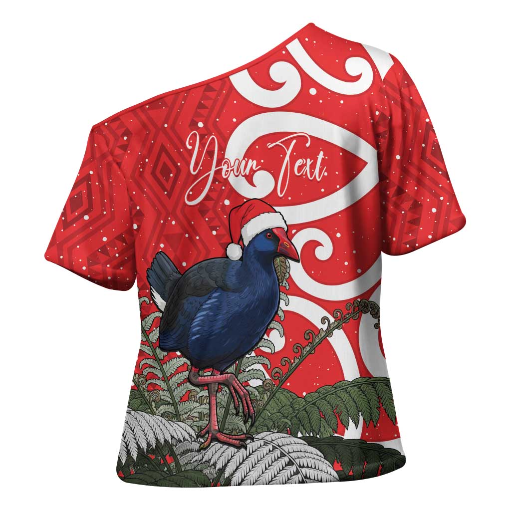 Personalized New Zealand Pukeko Christmas Cross Shoulder Shirt Meri Kirihimete Taniko Ponga Koru Red LT14 - Polynesian Pride