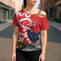 Personalized New Zealand Pukeko Christmas Cross Shoulder Shirt Meri Kirihimete Taniko Ponga Koru Red LT14 - Polynesian Pride