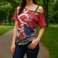Personalized New Zealand Pukeko Christmas Cross Shoulder Shirt Meri Kirihimete Taniko Ponga Koru Red LT14 - Polynesian Pride