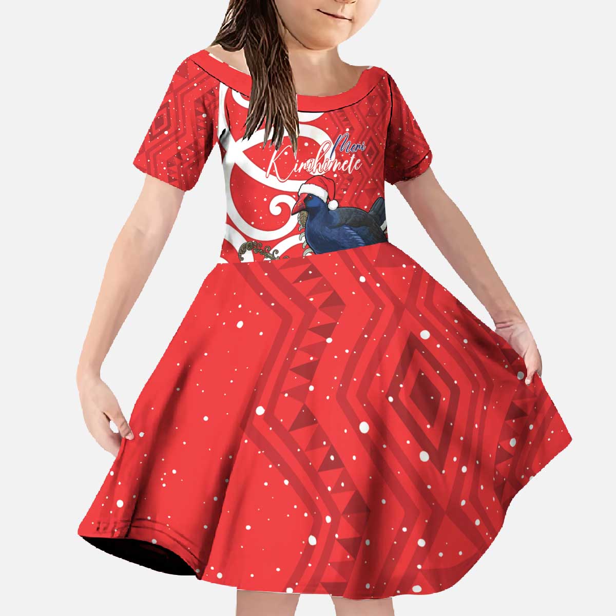Personalized New Zealand Pukeko Christmas Family Matching Off The Shoulder Long Sleeve Dress and Hawaiian Shirt Meri Kirihimete Taniko Ponga Koru Red LT14 Daughter's Dress Red - Polynesian Pride