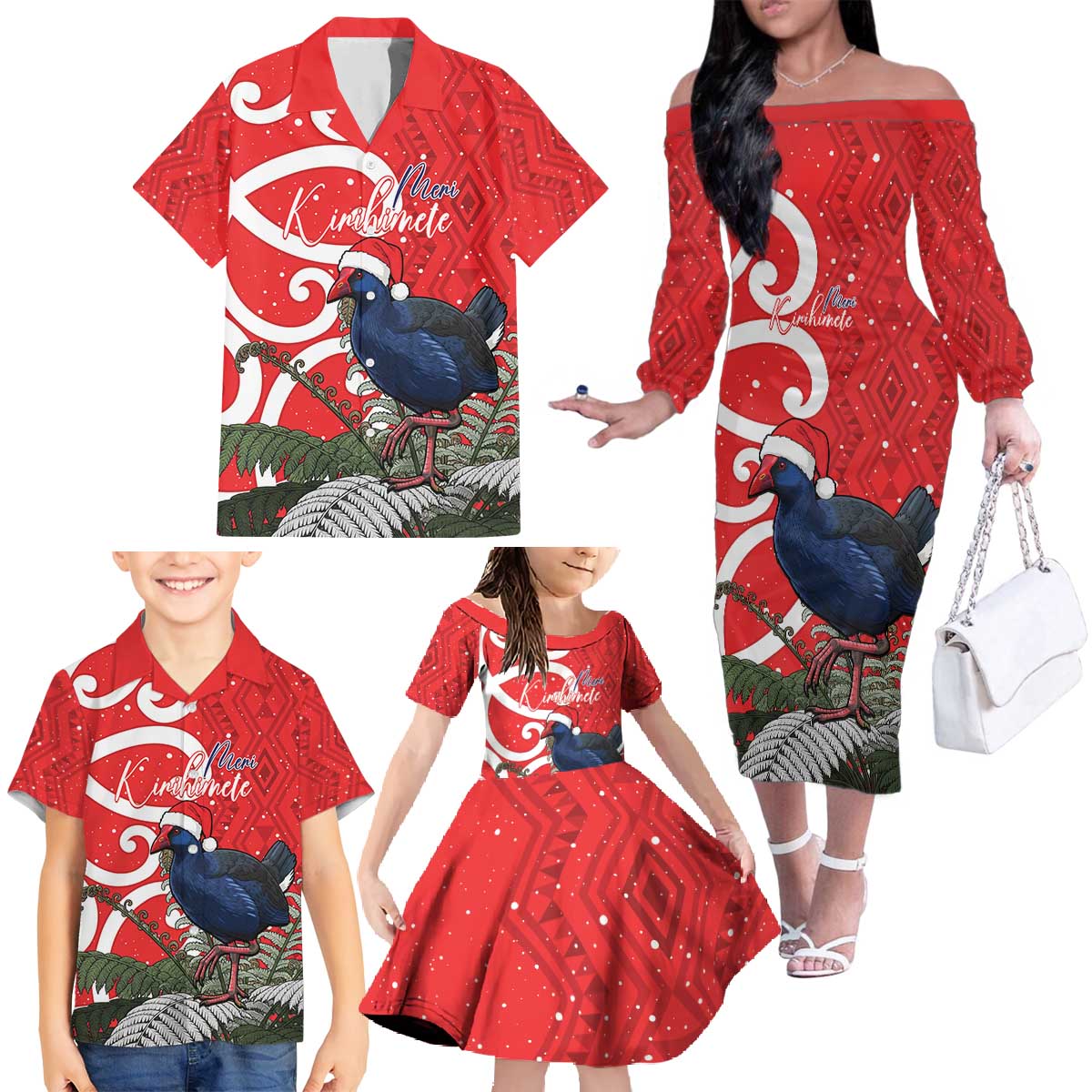 Personalized New Zealand Pukeko Christmas Family Matching Off The Shoulder Long Sleeve Dress and Hawaiian Shirt Meri Kirihimete Taniko Ponga Koru Red LT14 - Polynesian Pride