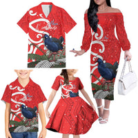 Personalized New Zealand Pukeko Christmas Family Matching Off The Shoulder Long Sleeve Dress and Hawaiian Shirt Meri Kirihimete Taniko Ponga Koru Red LT14 - Polynesian Pride