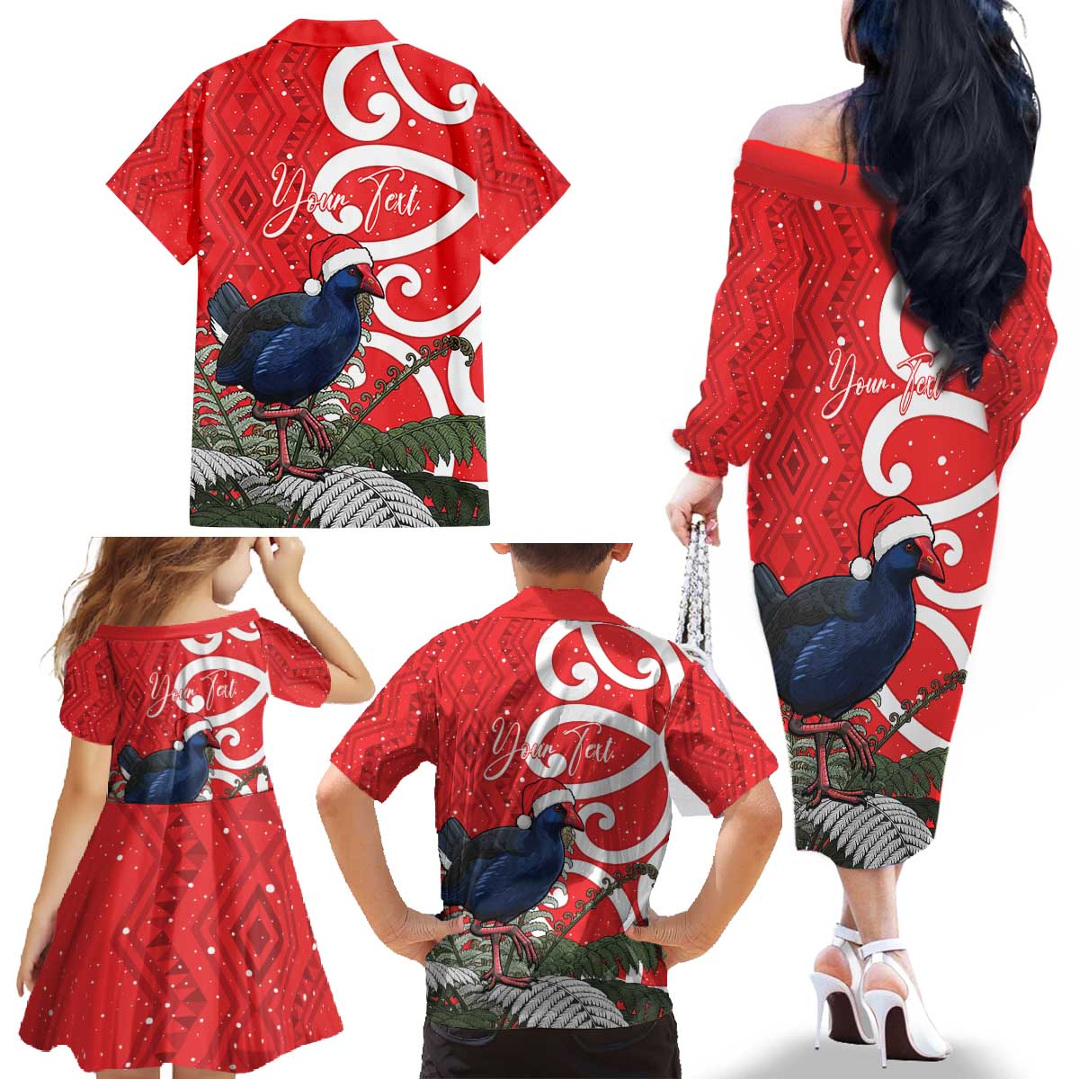Personalized New Zealand Pukeko Christmas Family Matching Off The Shoulder Long Sleeve Dress and Hawaiian Shirt Meri Kirihimete Taniko Ponga Koru Red LT14 - Polynesian Pride