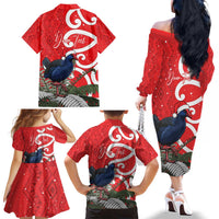 Personalized New Zealand Pukeko Christmas Family Matching Off The Shoulder Long Sleeve Dress and Hawaiian Shirt Meri Kirihimete Taniko Ponga Koru Red LT14 - Polynesian Pride