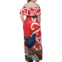 Personalized New Zealand Pukeko Christmas Family Matching Off Shoulder Maxi Dress and Hawaiian Shirt Meri Kirihimete Taniko Ponga Koru Red LT14 - Polynesian Pride