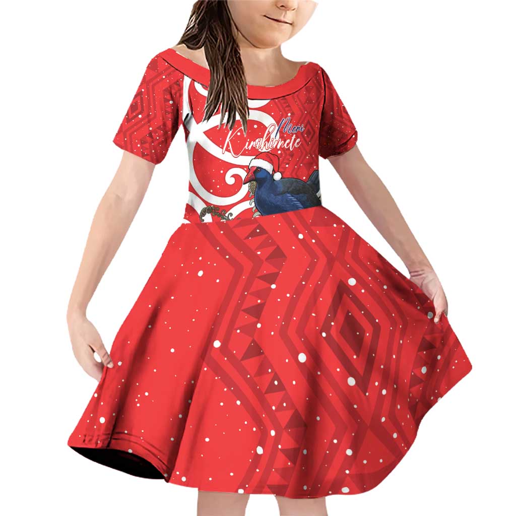 Personalized New Zealand Pukeko Christmas Family Matching Off Shoulder Short Dress and Hawaiian Shirt Meri Kirihimete Taniko Ponga Koru Red LT14 Daughter's Dress Red - Polynesian Pride
