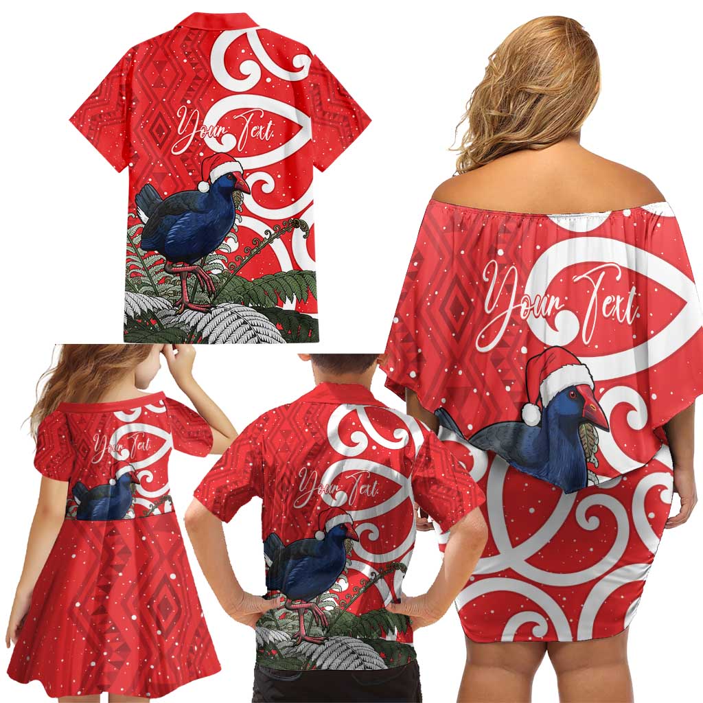 Personalized New Zealand Pukeko Christmas Family Matching Off Shoulder Short Dress and Hawaiian Shirt Meri Kirihimete Taniko Ponga Koru Red LT14 - Polynesian Pride