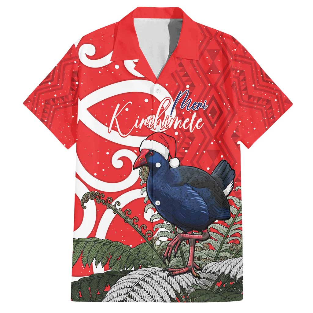 Personalized New Zealand Pukeko Christmas Family Matching Off Shoulder Short Dress and Hawaiian Shirt Meri Kirihimete Taniko Ponga Koru Red LT14 Dad's Shirt - Short Sleeve Red - Polynesian Pride