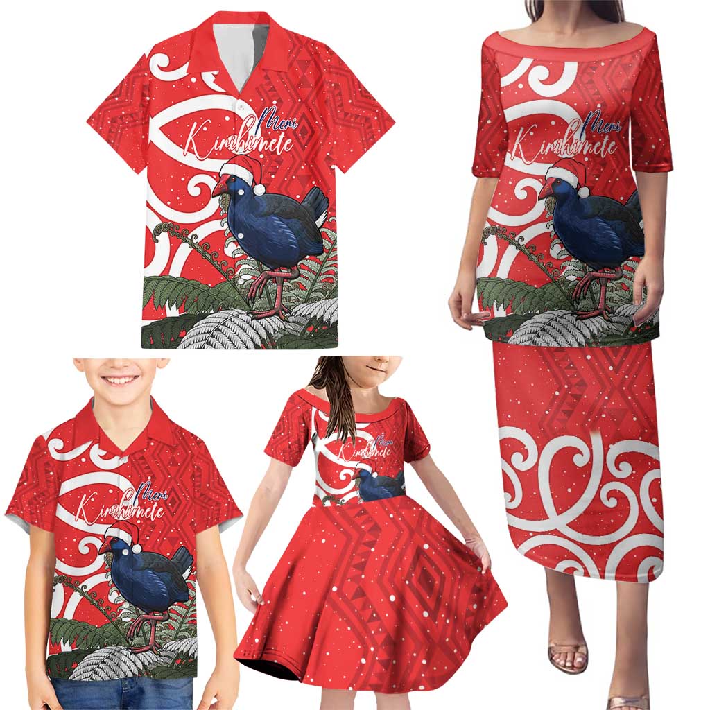 Personalized New Zealand Pukeko Christmas Family Matching Puletasi and Hawaiian Shirt Meri Kirihimete Taniko Ponga Koru Red LT14 - Polynesian Pride