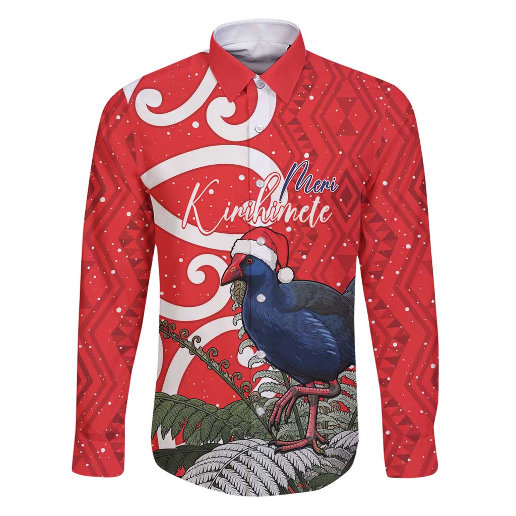 Personalized New Zealand Pukeko Christmas Family Matching Puletasi and Hawaiian Shirt Meri Kirihimete Taniko Ponga Koru Red LT14 Dad's Shirt - Long Sleeve Red - Polynesian Pride