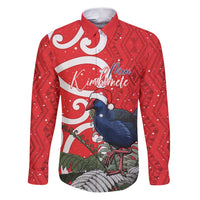 Personalized New Zealand Pukeko Christmas Family Matching Puletasi and Hawaiian Shirt Meri Kirihimete Taniko Ponga Koru Red LT14 Dad's Shirt - Long Sleeve Red - Polynesian Pride